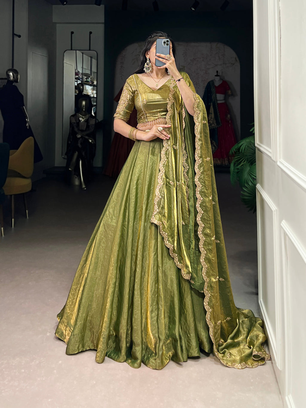 Lorenvalley Mahendi Fendi Silk Sequins and Thread Embroidery Work Belt Lehenga Choli with Dupatta | Grocsy
