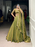 Lorenvalley Mahendi Fendi Silk Sequins and Thread Embroidery Work Belt Lehenga Choli with Dupatta | Grocsy
