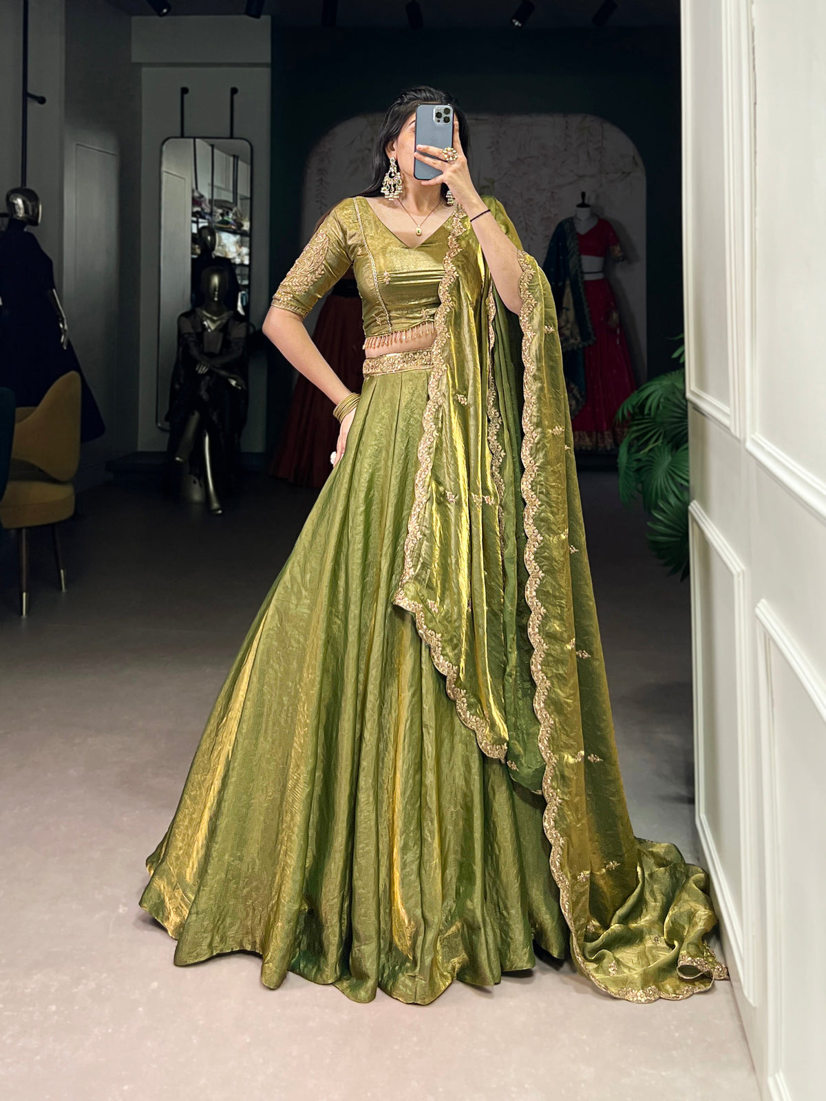 Lorenvalley Mahendi Fendi Silk Sequins and Thread Embroidery Work Belt Lehenga Choli with Dupatta | Grocsy