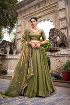 Lorenvalley Fashion Mahendi Fendi Silk Sequins and Thread Embroidery Work Belt Lehenga Choli with Dupatta | Grocsy