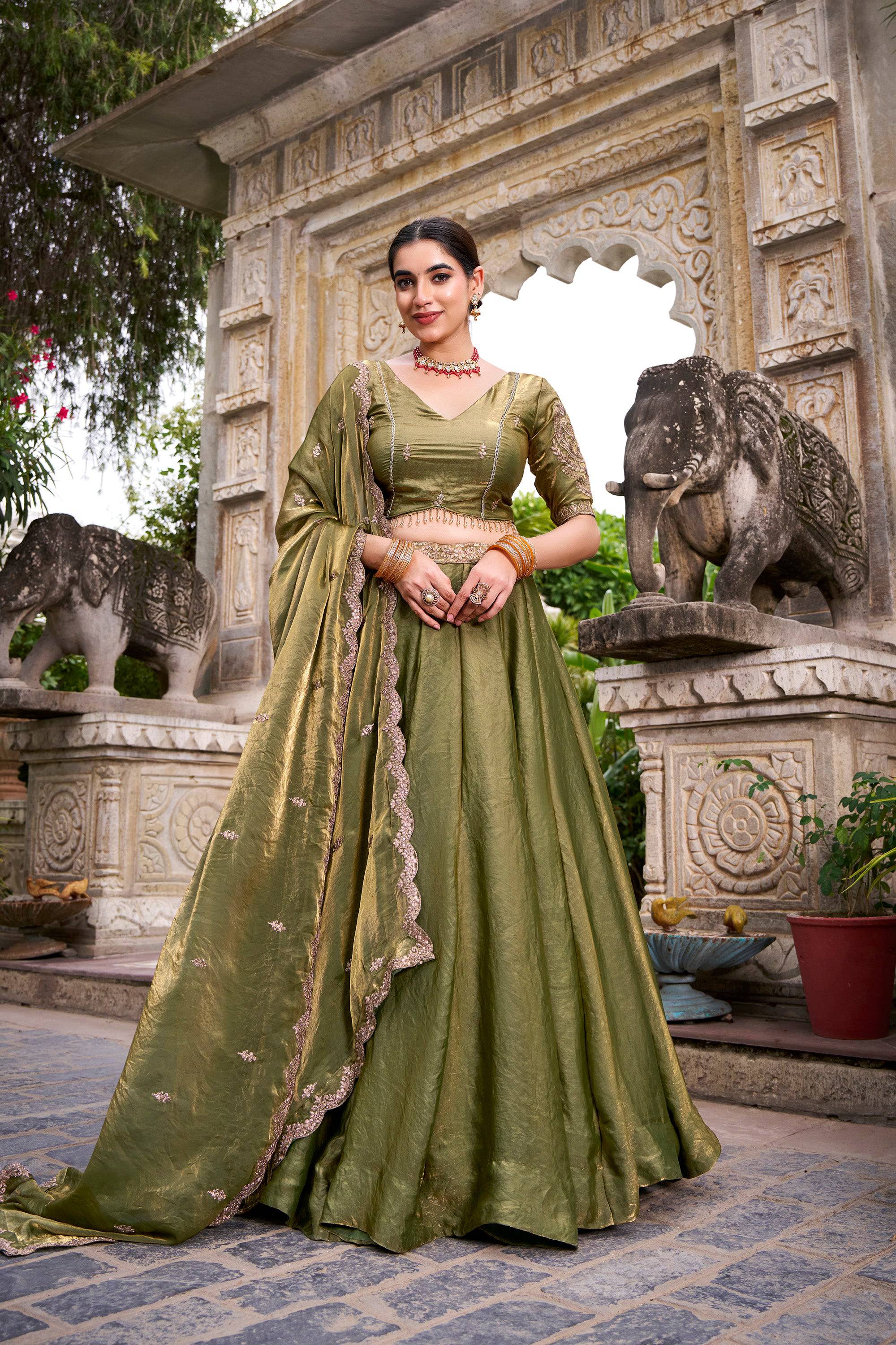 Lorenvalley Fashion Mahendi Fendi Silk Sequins and Thread Embroidery Work Belt Lehenga Choli with Dupatta | Grocsy