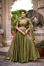 Lorenvalley Fashion Mahendi Fendi Silk Sequins and Thread Embroidery Work Belt Lehenga Choli with Dupatta | Grocsy