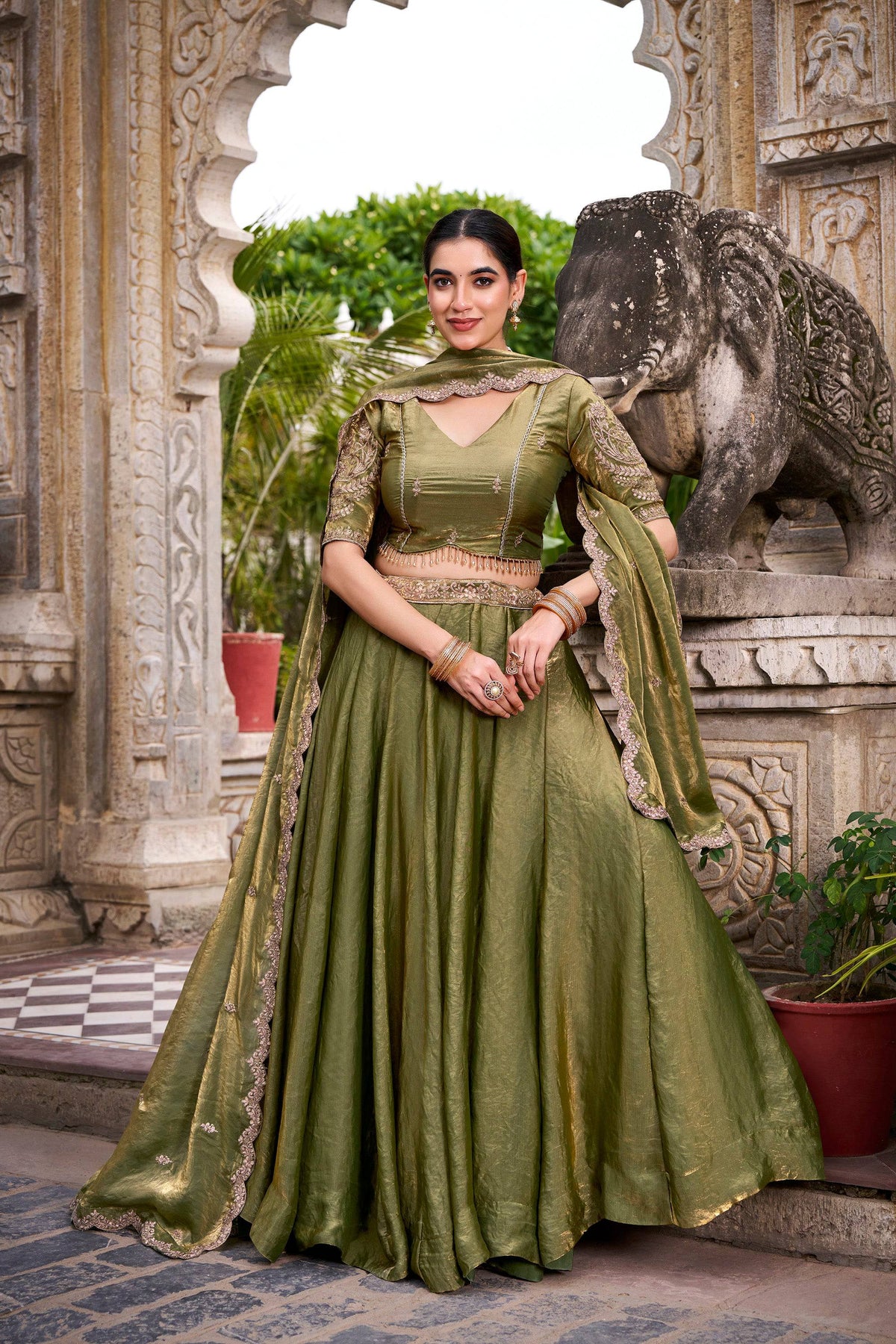 Lorenvalley Fashion Mahendi Fendi Silk Sequins and Thread Embroidery Work Belt Lehenga Choli with Dupatta | Grocsy