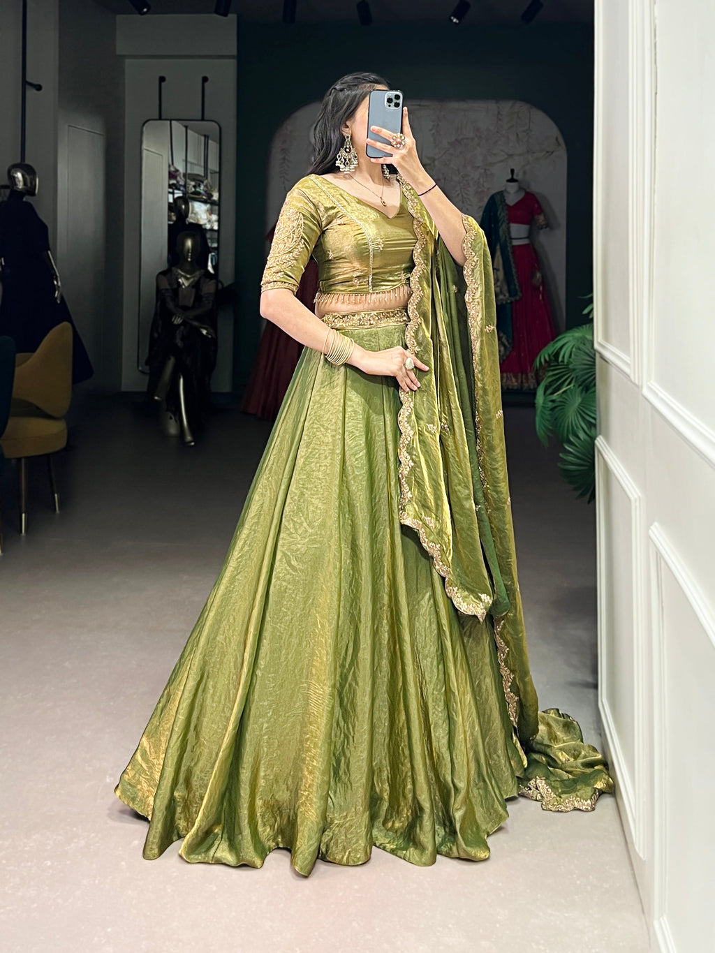 Lorenvalley Mahendi Fendi Silk Sequins and Thread Embroidery Work Belt Lehenga Choli with Dupatta | Grocsy