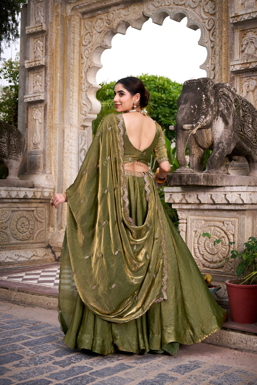 Lorenvalley Fashion Mahendi Fendi Silk Sequins and Thread Embroidery Work Belt Lehenga Choli with Dupatta | Grocsy
