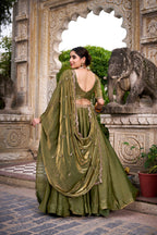Lorenvalley Fashion Mahendi Fendi Silk Sequins and Thread Embroidery Work Belt Lehenga Choli with Dupatta | Grocsy