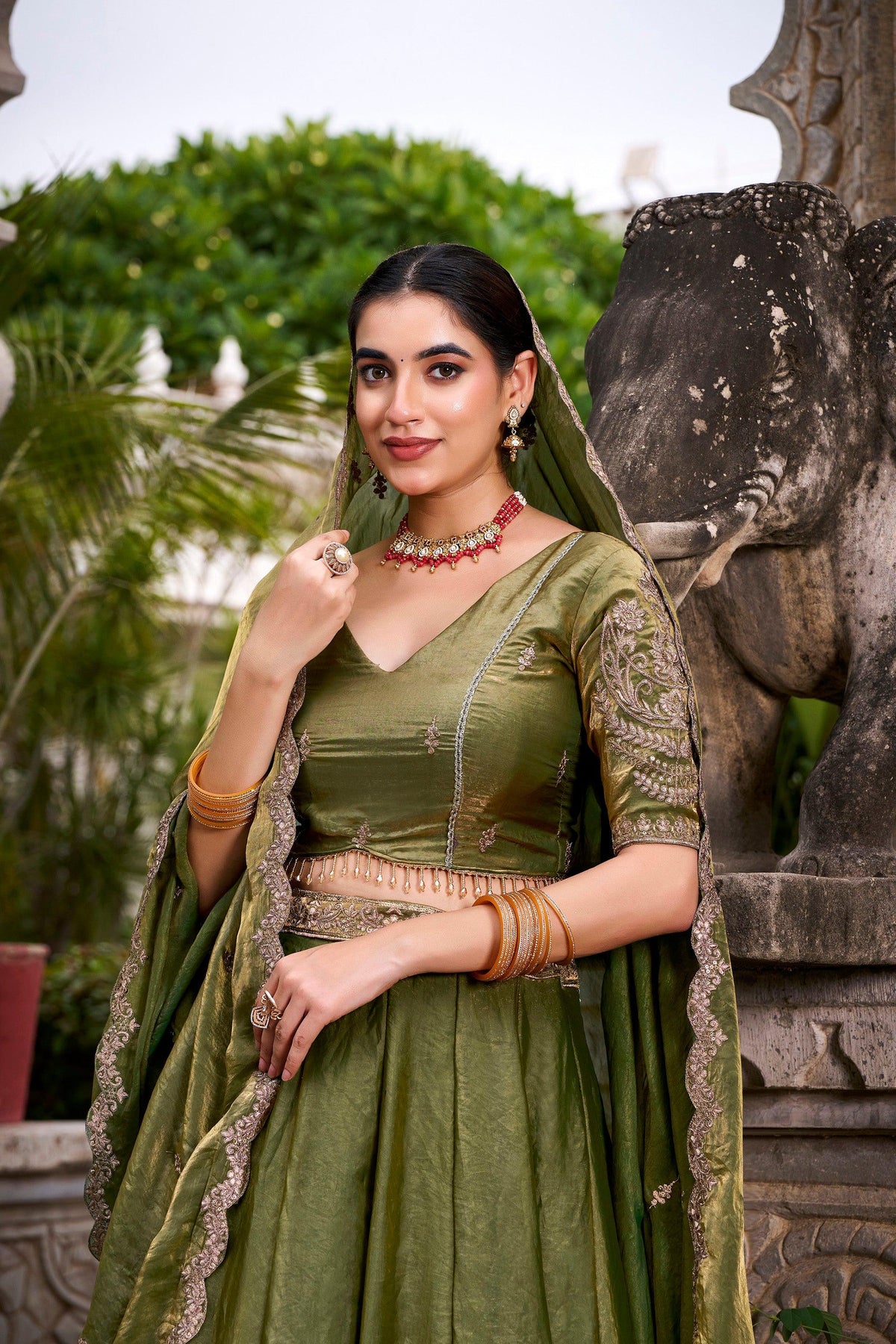 Lorenvalley Fashion Mahendi Fendi Silk Sequins and Thread Embroidery Work Belt Lehenga Choli with Dupatta | Grocsy