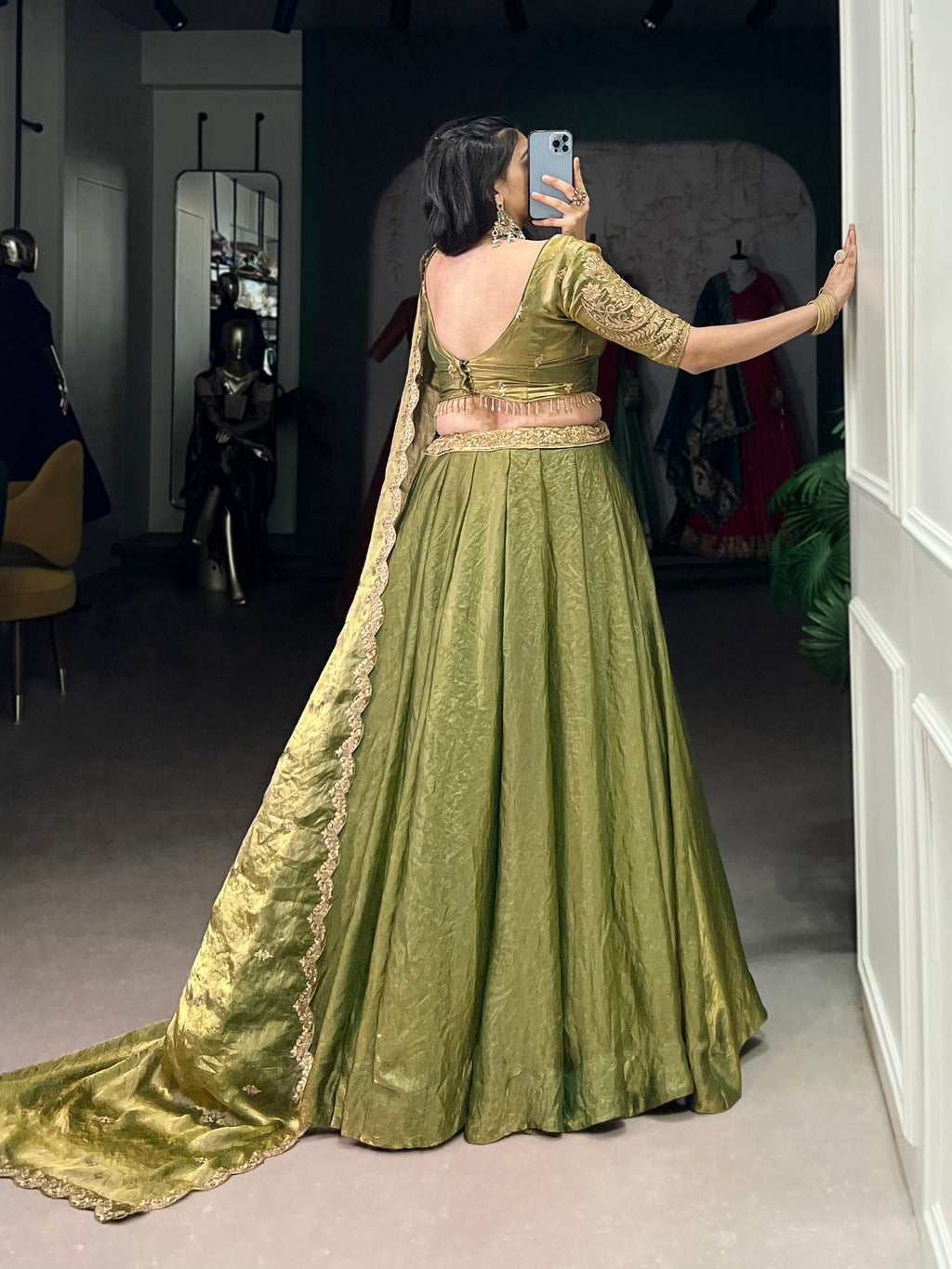 Lorenvalley Mahendi Fendi Silk Sequins and Thread Embroidery Work Belt Lehenga Choli with Dupatta | Grocsy
