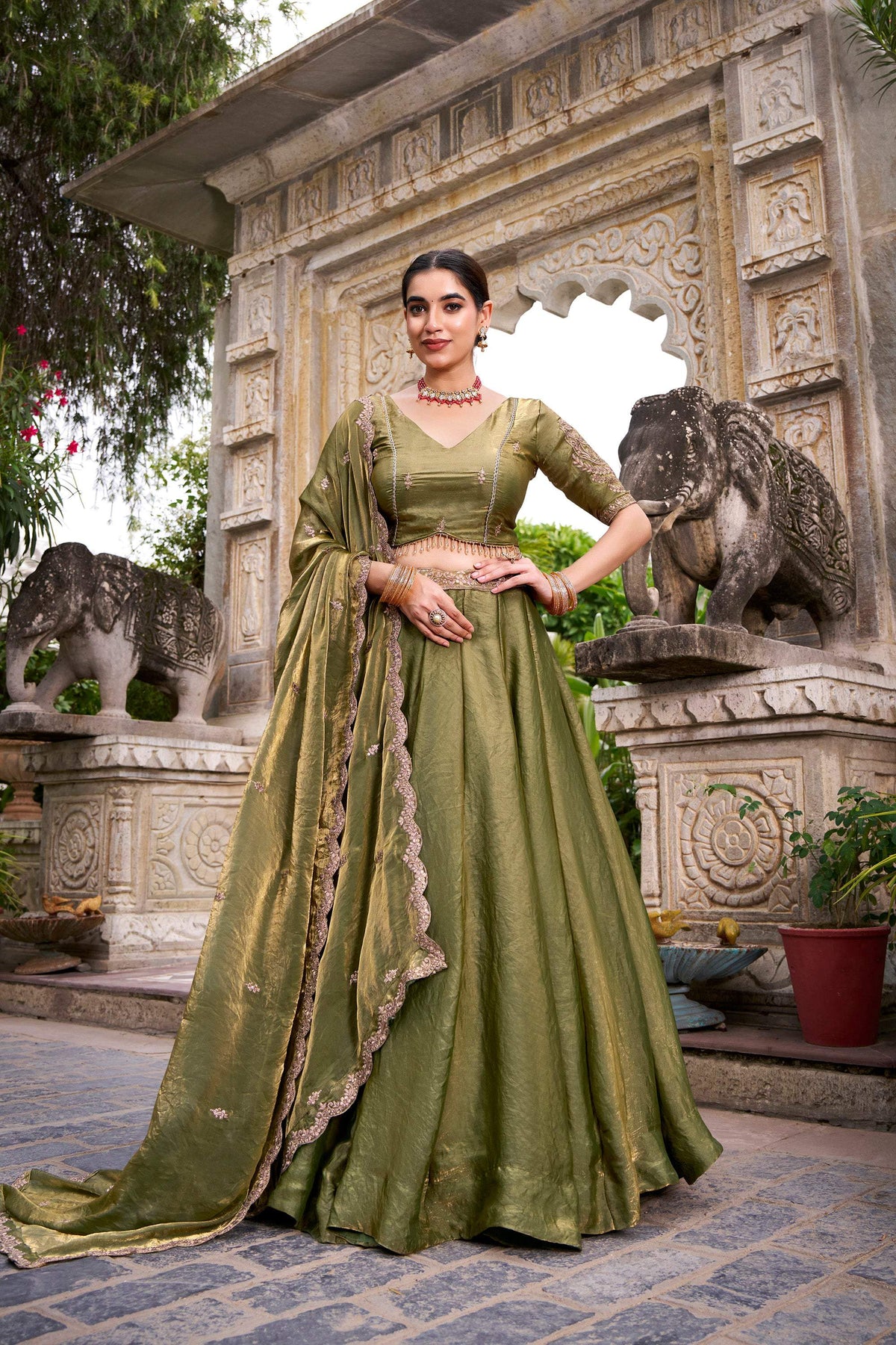 Lorenvalley Fashion Mahendi Fendi Silk Sequins and Thread Embroidery Work Belt Lehenga Choli with Dupatta | Grocsy