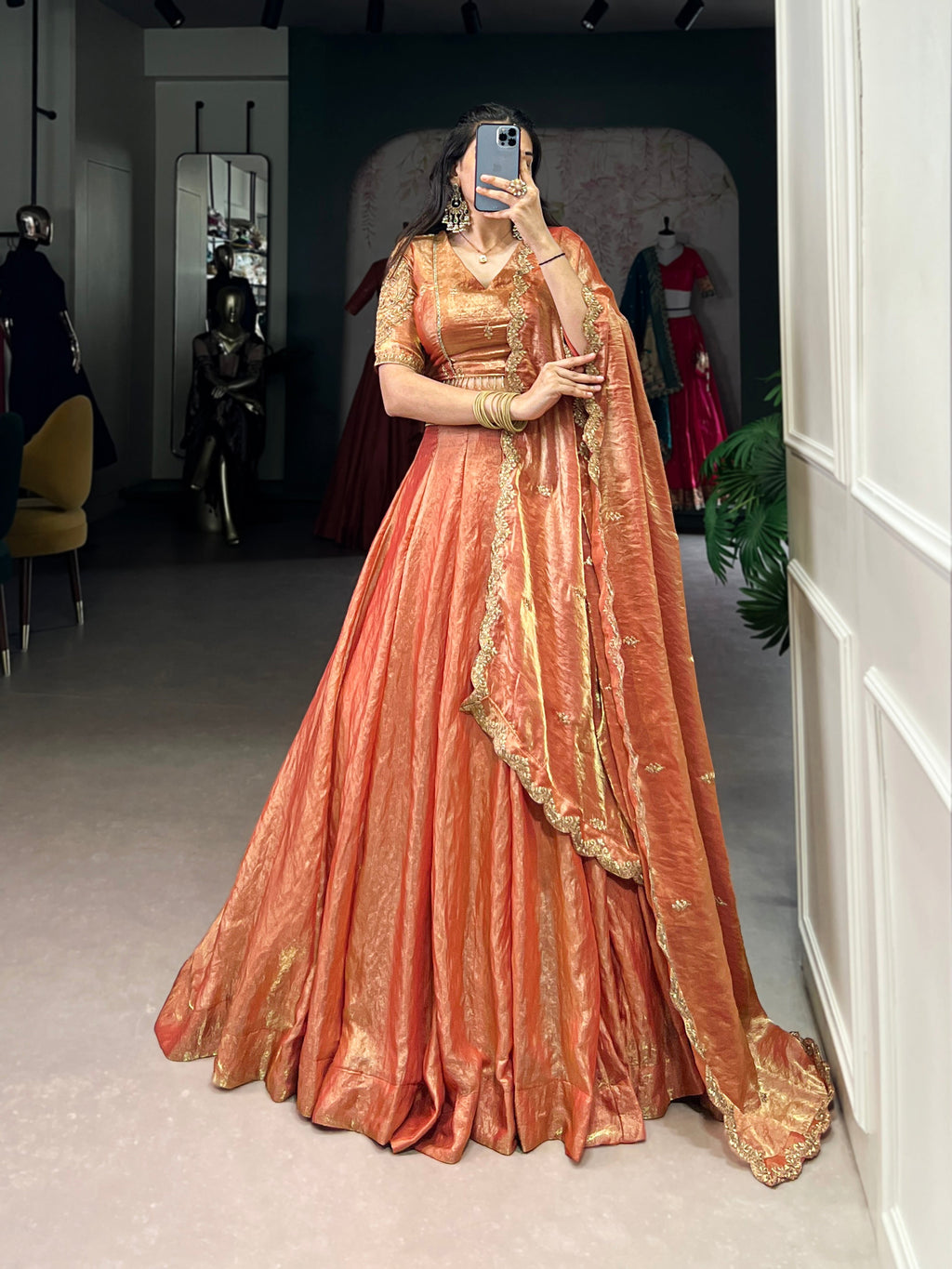 Lorenvalley Rosegold Fendi Silk Sequins and Thread Embroidery Work Belt Lehenga Choli with Dupatta | Grocsy