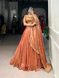 Lorenvalley Rosegold Fendi Silk Sequins and Thread Embroidery Work Belt Lehenga Choli with Dupatta | Grocsy