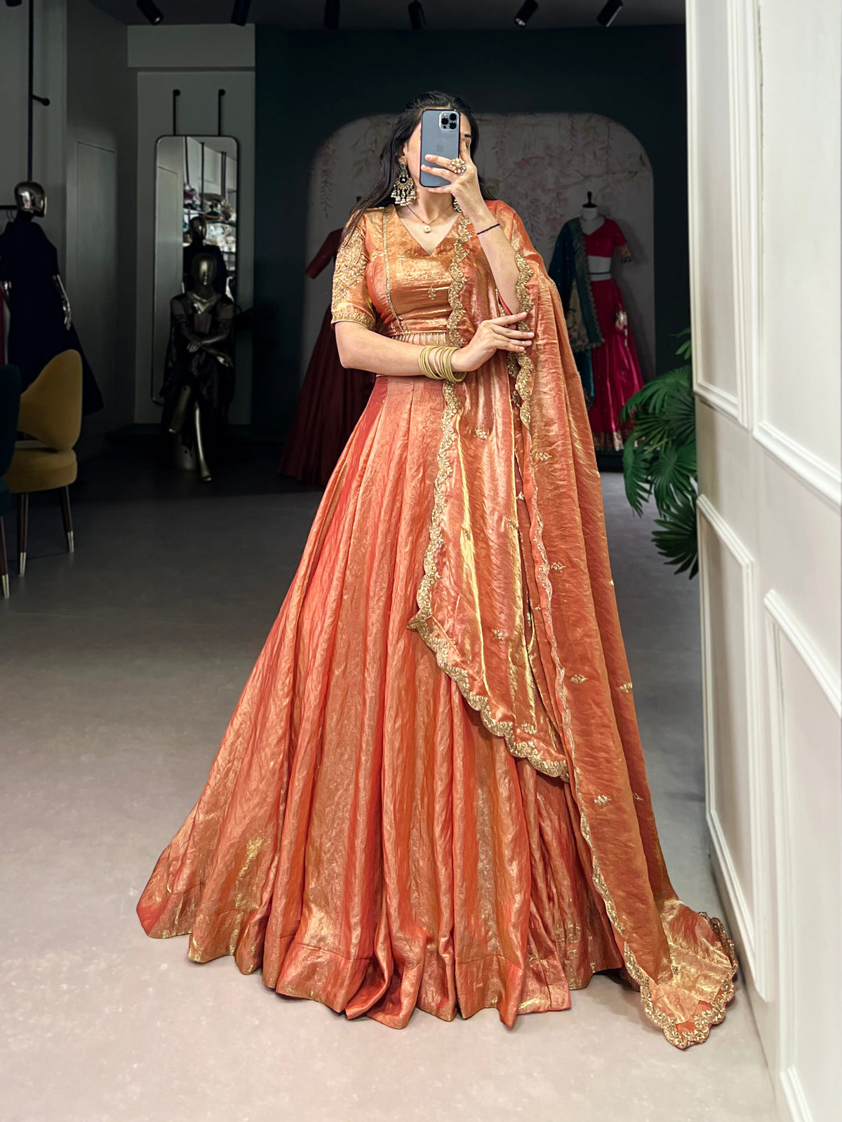 Lorenvalley Rosegold Fendi Silk Sequins and Thread Embroidery Work Belt Lehenga Choli with Dupatta | Grocsy