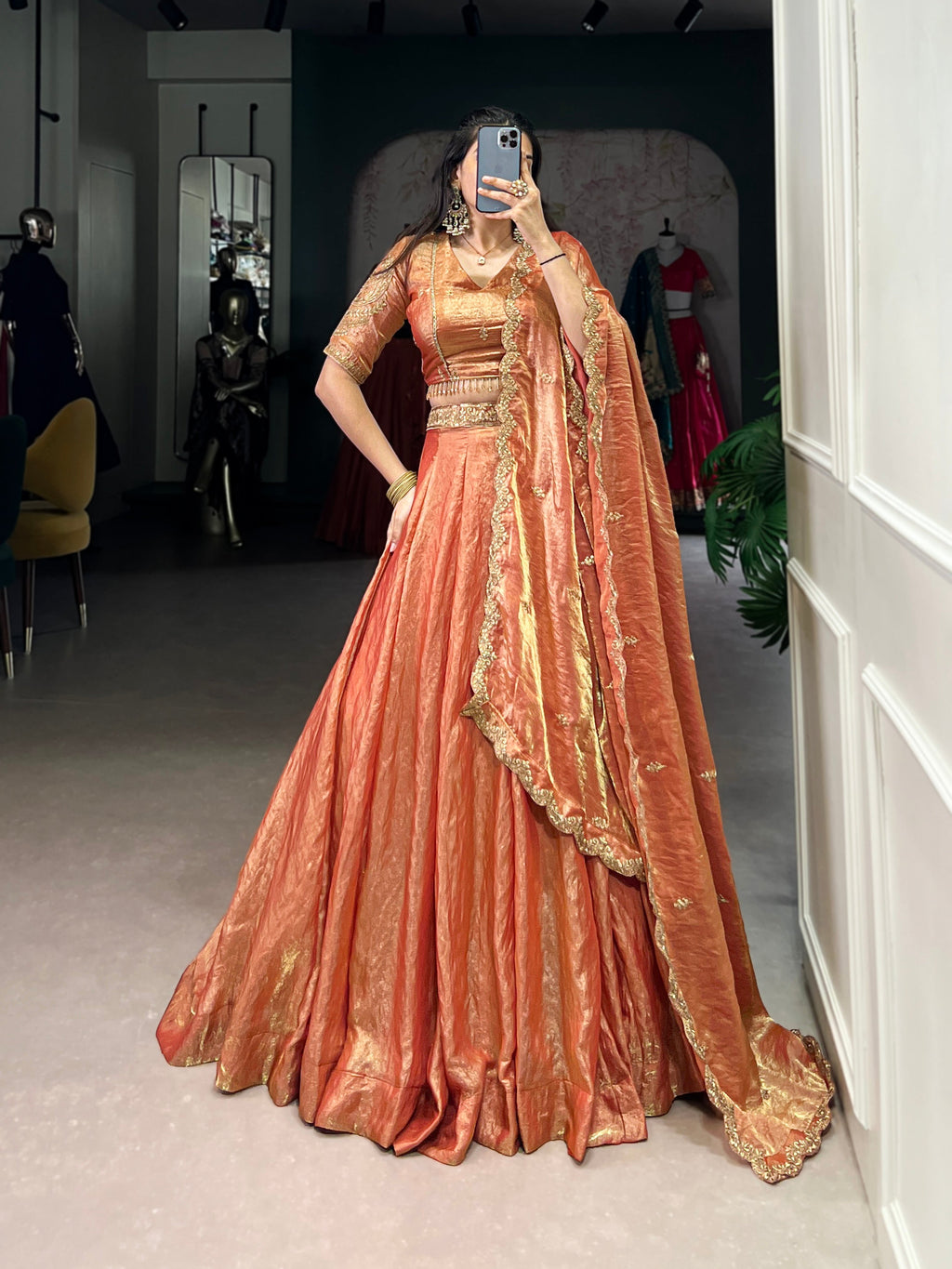 Lorenvalley Rosegold Fendi Silk Sequins and Thread Embroidery Work Belt Lehenga Choli with Dupatta | Grocsy