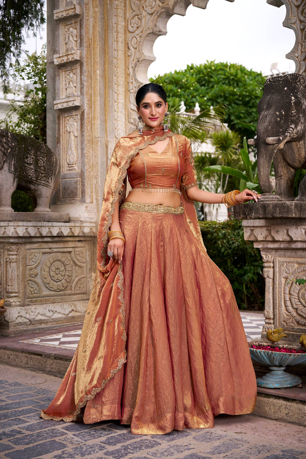 Lorenvalley Fashion Rosegold Fendi Silk Sequins and Thread Embroidery Work Belt Lehenga Choli with Dupatta | Grocsy