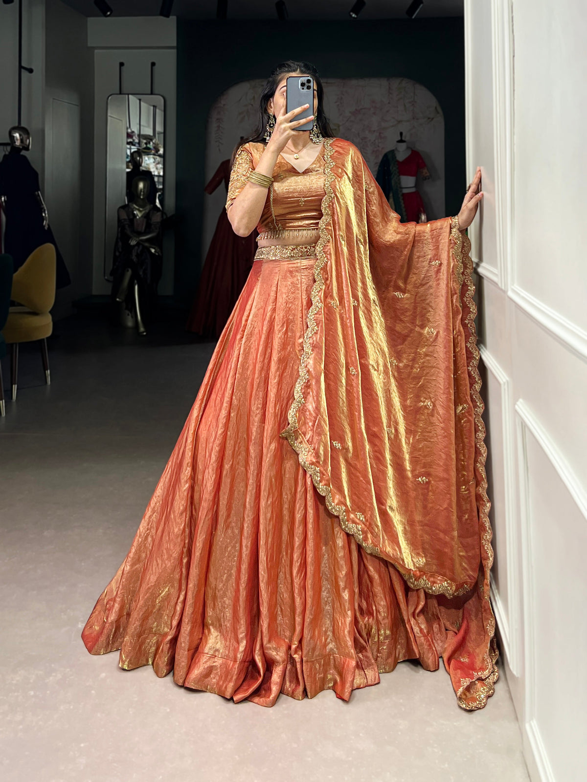 Lorenvalley Rosegold Fendi Silk Sequins and Thread Embroidery Work Belt Lehenga Choli with Dupatta | Grocsy