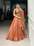 Lorenvalley Rosegold Fendi Silk Sequins and Thread Embroidery Work Belt Lehenga Choli with Dupatta | Grocsy