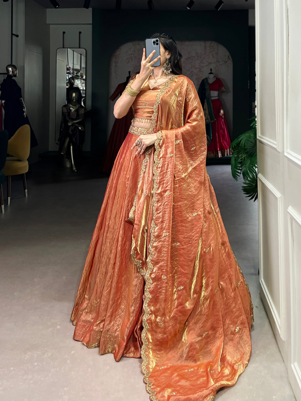 Lorenvalley Rosegold Fendi Silk Sequins and Thread Embroidery Work Belt Lehenga Choli with Dupatta | Grocsy
