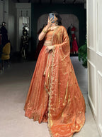 Lorenvalley Rosegold Fendi Silk Sequins and Thread Embroidery Work Belt Lehenga Choli with Dupatta | Grocsy