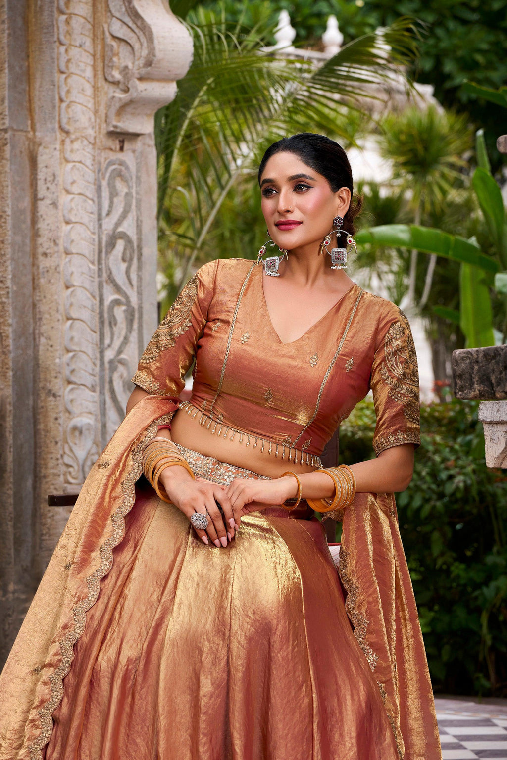 Lorenvalley Fashion Rosegold Fendi Silk Sequins and Thread Embroidery Work Belt Lehenga Choli with Dupatta | Grocsy