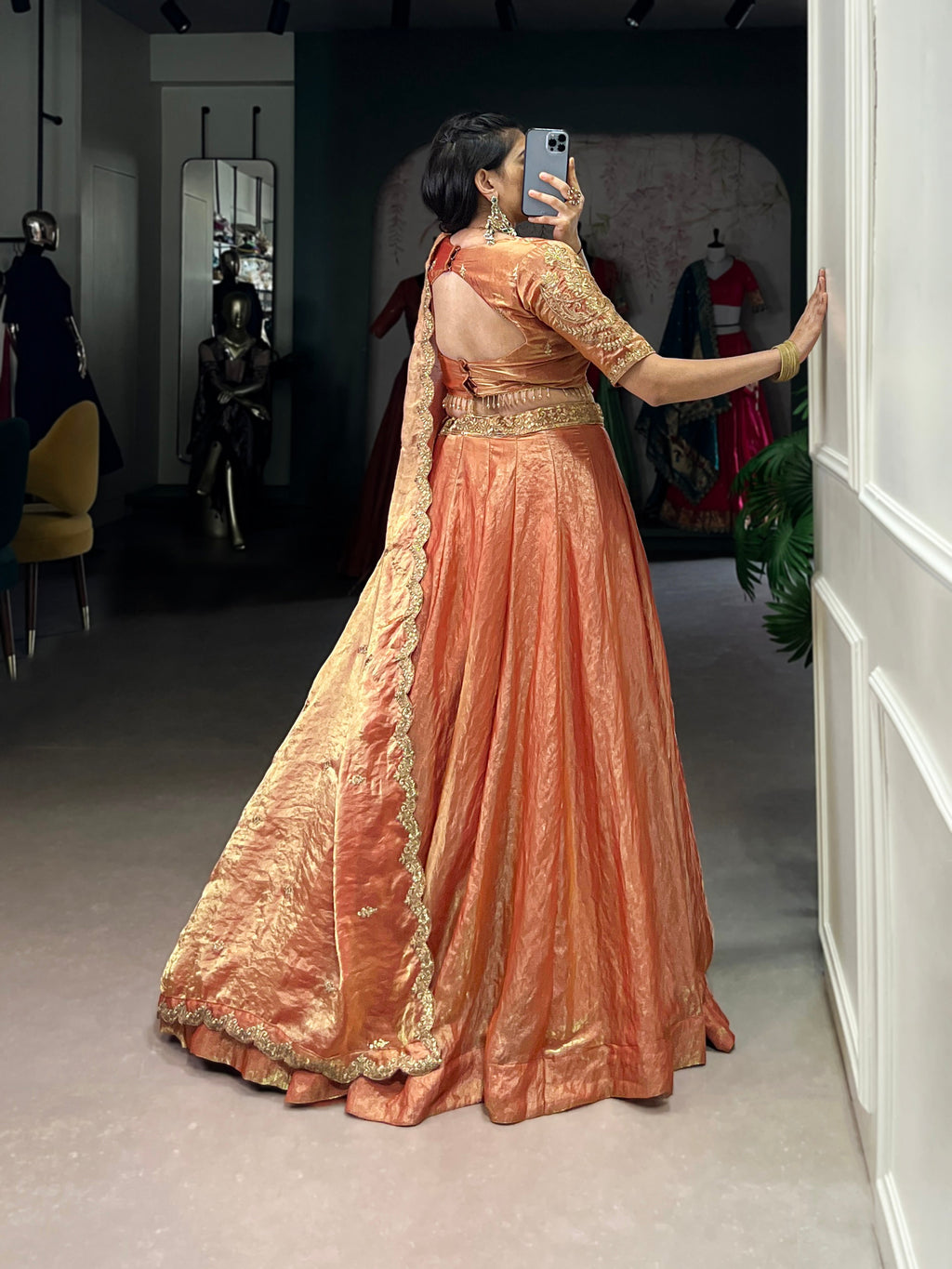 Lorenvalley Rosegold Fendi Silk Sequins and Thread Embroidery Work Belt Lehenga Choli with Dupatta | Grocsy