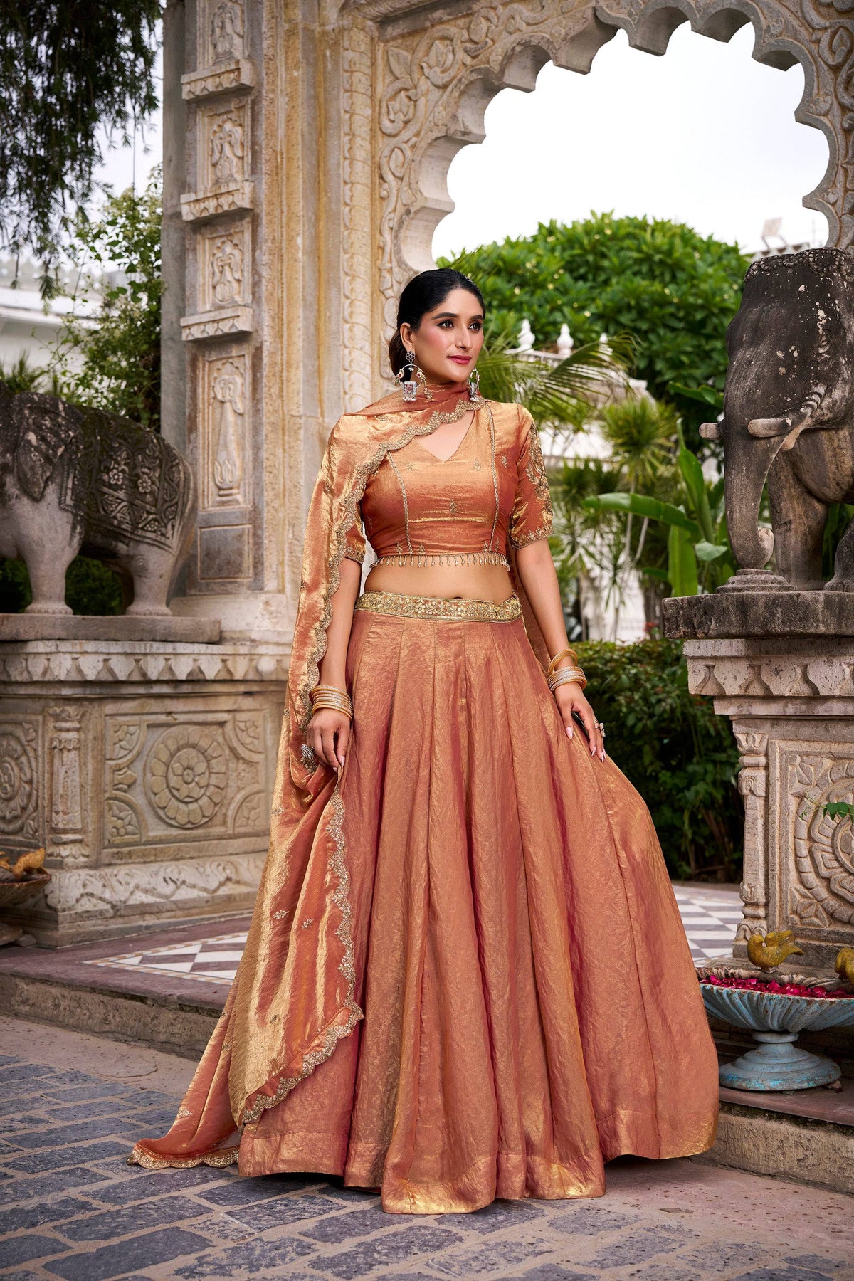 Lorenvalley Fashion Rosegold Fendi Silk Sequins and Thread Embroidery Work Belt Lehenga Choli with Dupatta | Grocsy