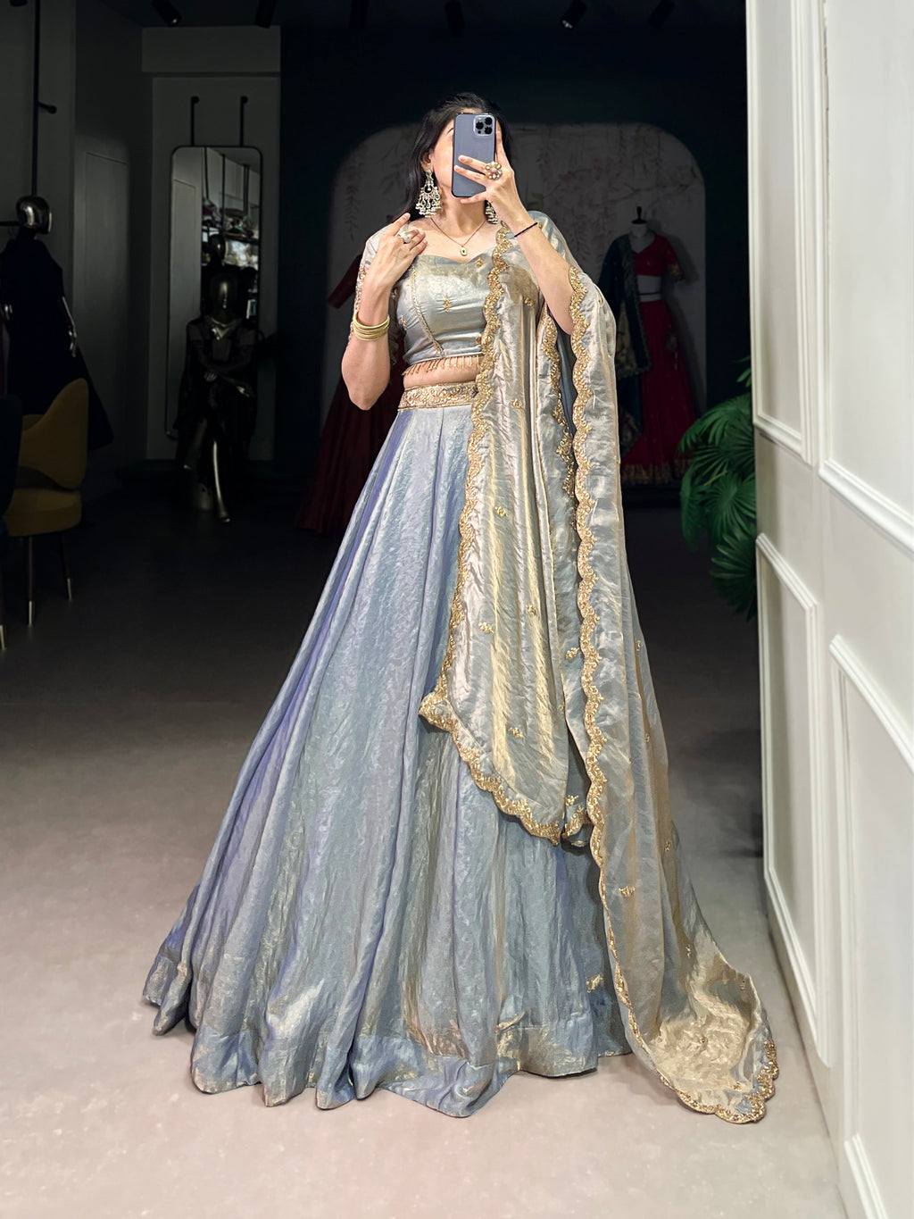 Lorenvalley Skyblue Fendi Silk Sequins and Thread Embroidery Work Belt Lehenga Choli with Dupatta | Grocsy