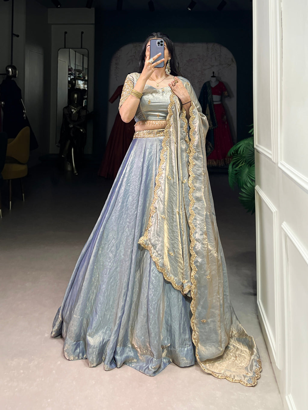 Lorenvalley Skyblue Fendi Silk Sequins and Thread Embroidery Work Belt Lehenga Choli with Dupatta | Grocsy