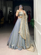 Lorenvalley Skyblue Fendi Silk Sequins and Thread Embroidery Work Belt Lehenga Choli with Dupatta | Grocsy