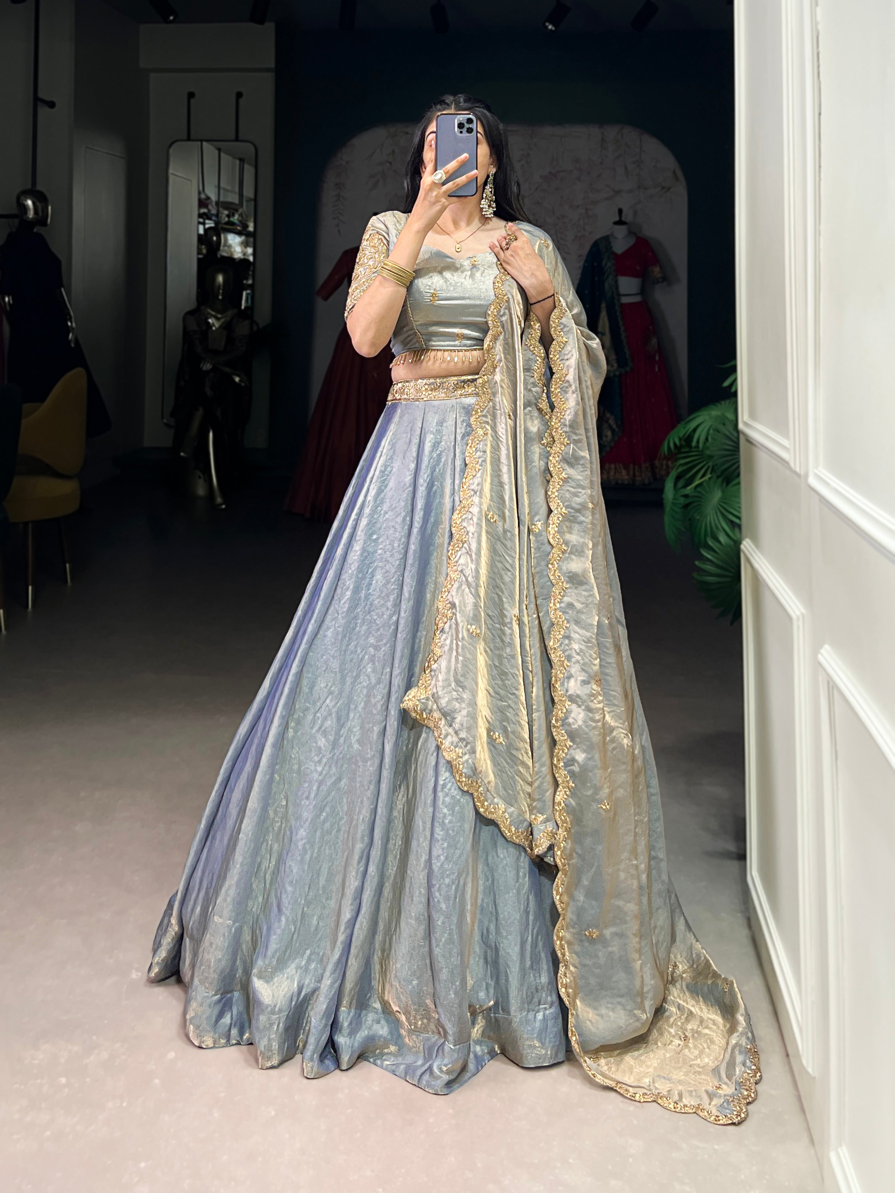 Lorenvalley Skyblue Fendi Silk Sequins and Thread Embroidery Work Belt Lehenga Choli with Dupatta | Grocsy