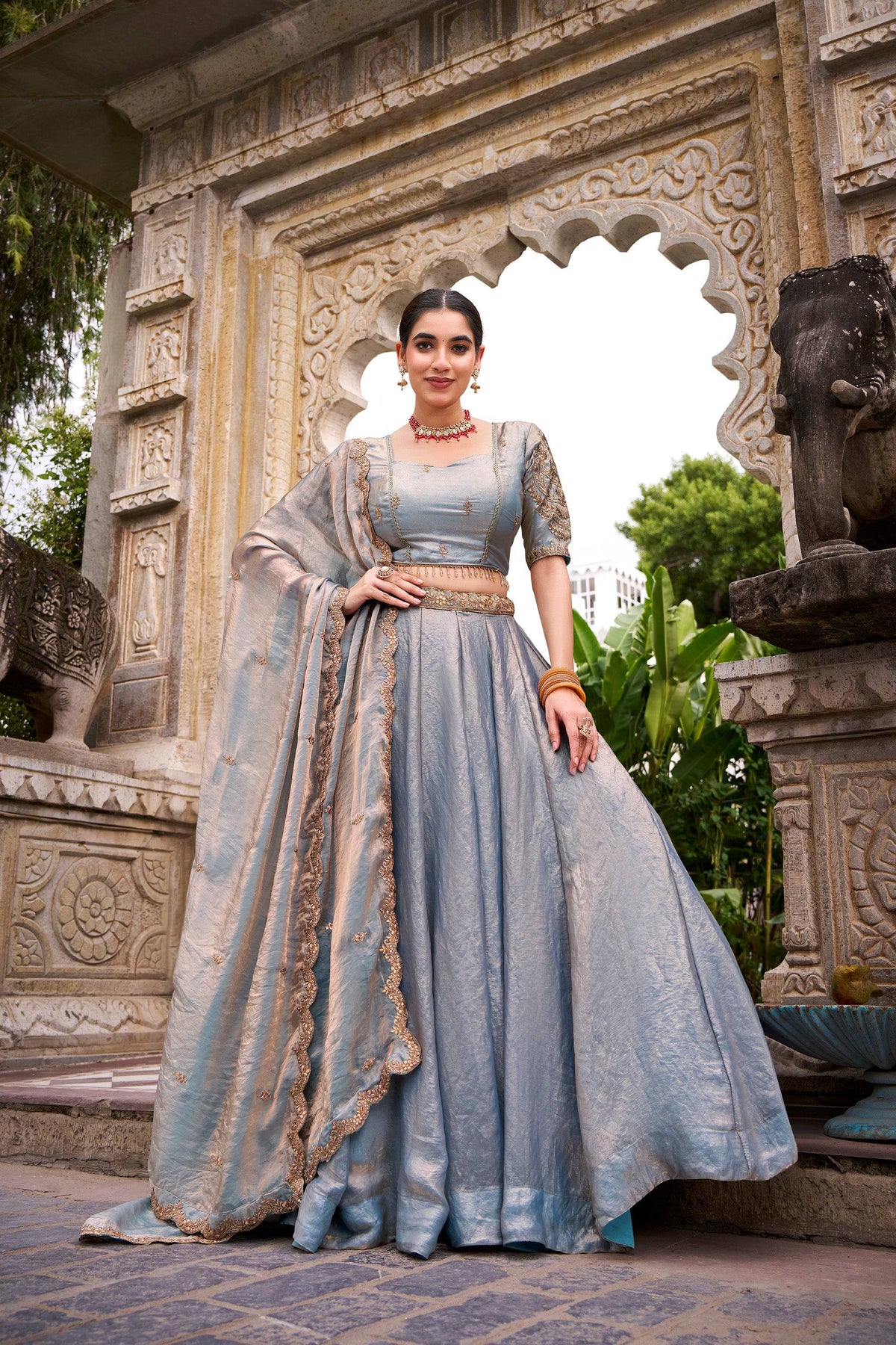 Lorenvalley Fashion Skyblue Fendi Silk Sequins and Thread Embroidery Work Belt Lehenga Choli with Dupatta | Grocsy