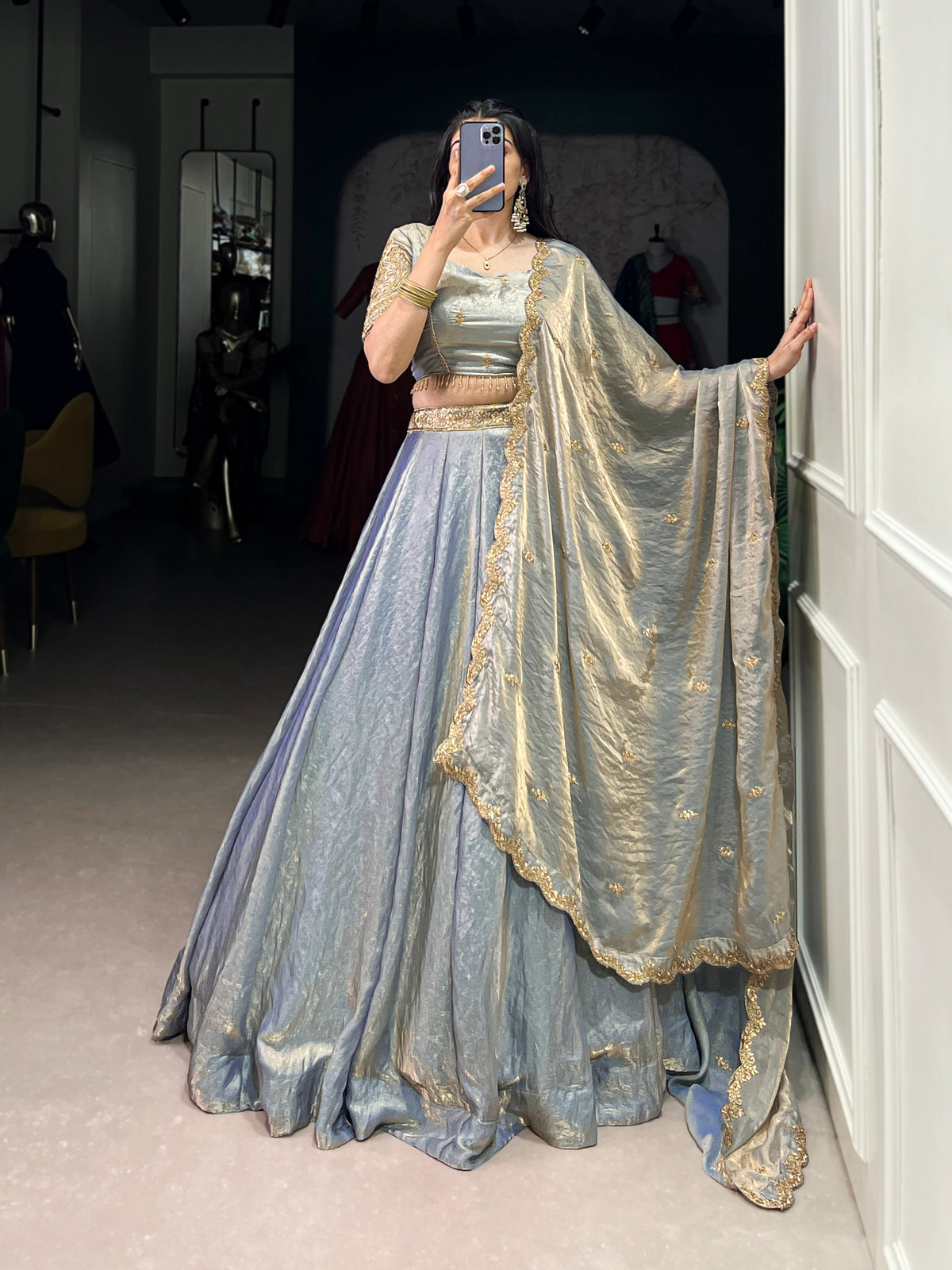 Lorenvalley Skyblue Fendi Silk Sequins and Thread Embroidery Work Belt Lehenga Choli with Dupatta | Grocsy