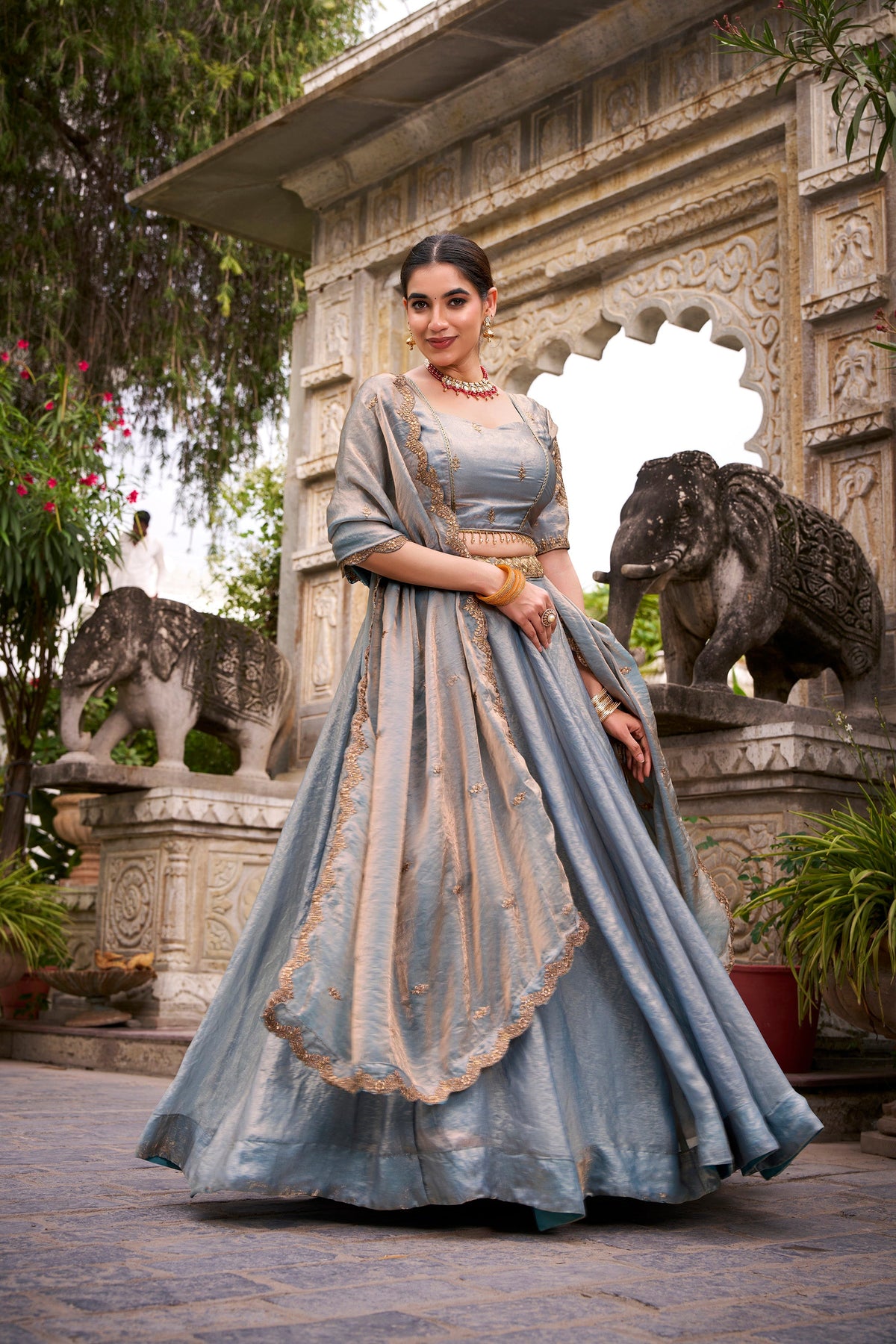 Lorenvalley Fashion Skyblue Fendi Silk Sequins and Thread Embroidery Work Belt Lehenga Choli with Dupatta | Grocsy