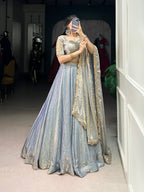 Lorenvalley Skyblue Fendi Silk Sequins and Thread Embroidery Work Belt Lehenga Choli with Dupatta | Grocsy