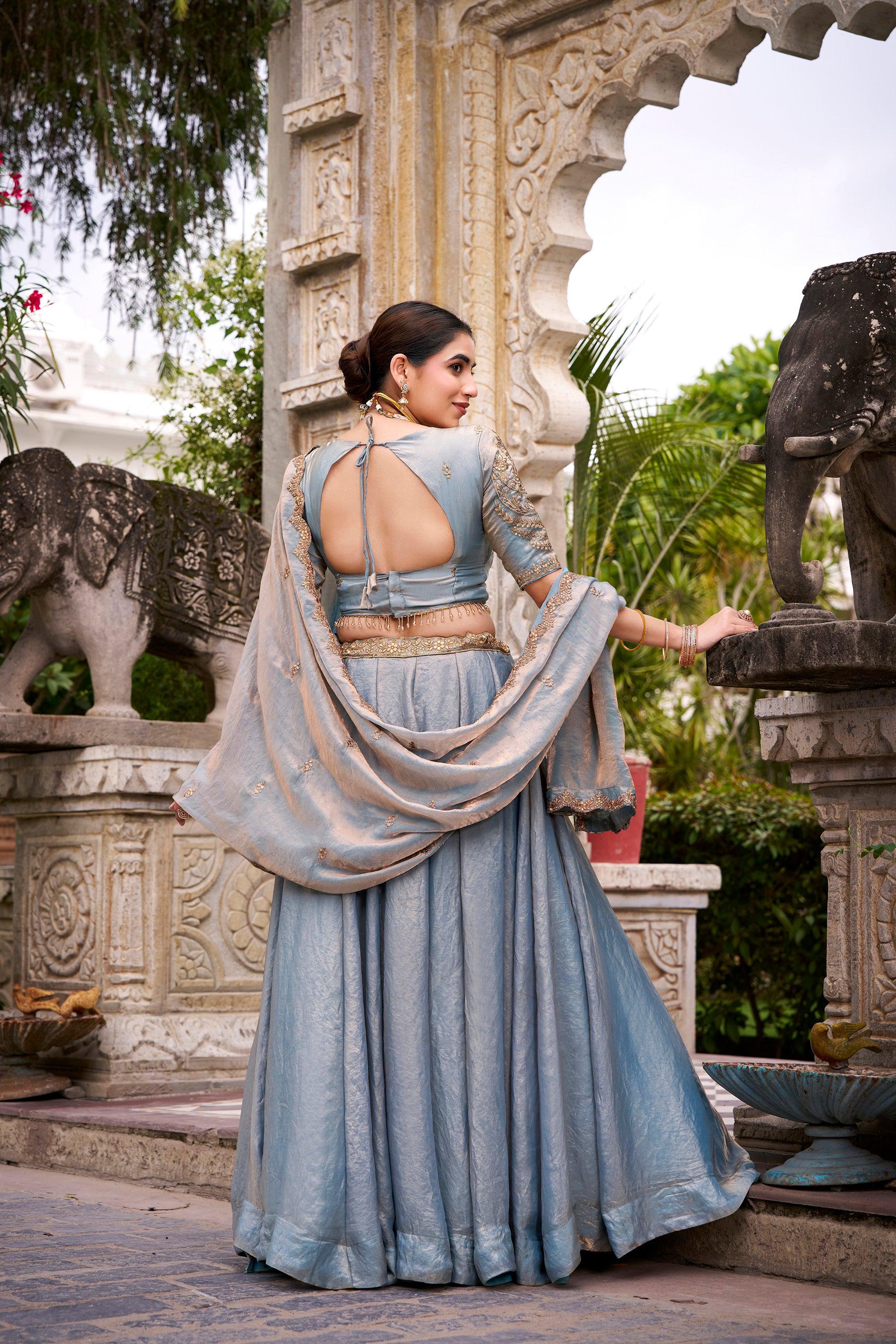 Lorenvalley Fashion Skyblue Fendi Silk Sequins and Thread Embroidery Work Belt Lehenga Choli with Dupatta | Grocsy