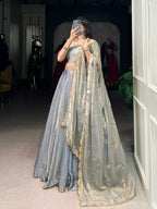 Lorenvalley Skyblue Fendi Silk Sequins and Thread Embroidery Work Belt Lehenga Choli with Dupatta | Grocsy