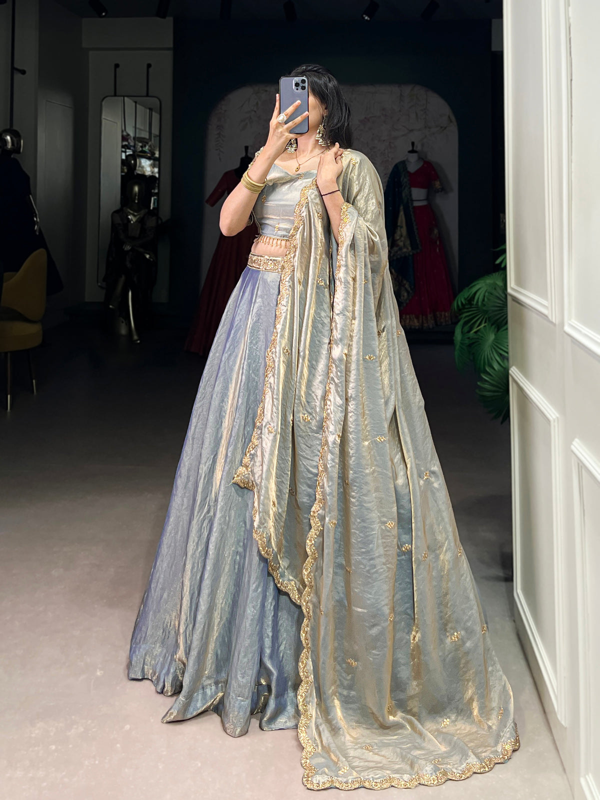 Lorenvalley Skyblue Fendi Silk Sequins and Thread Embroidery Work Belt Lehenga Choli with Dupatta | Grocsy