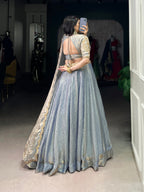 Lorenvalley Skyblue Fendi Silk Sequins and Thread Embroidery Work Belt Lehenga Choli with Dupatta | Grocsy