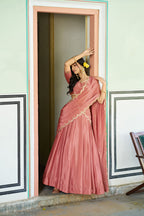 Lorenvalley Fashion Peach Chinon Plain Lehenga Sequins And Thread Embroidery Work Choli With Dupatta | Grocsy