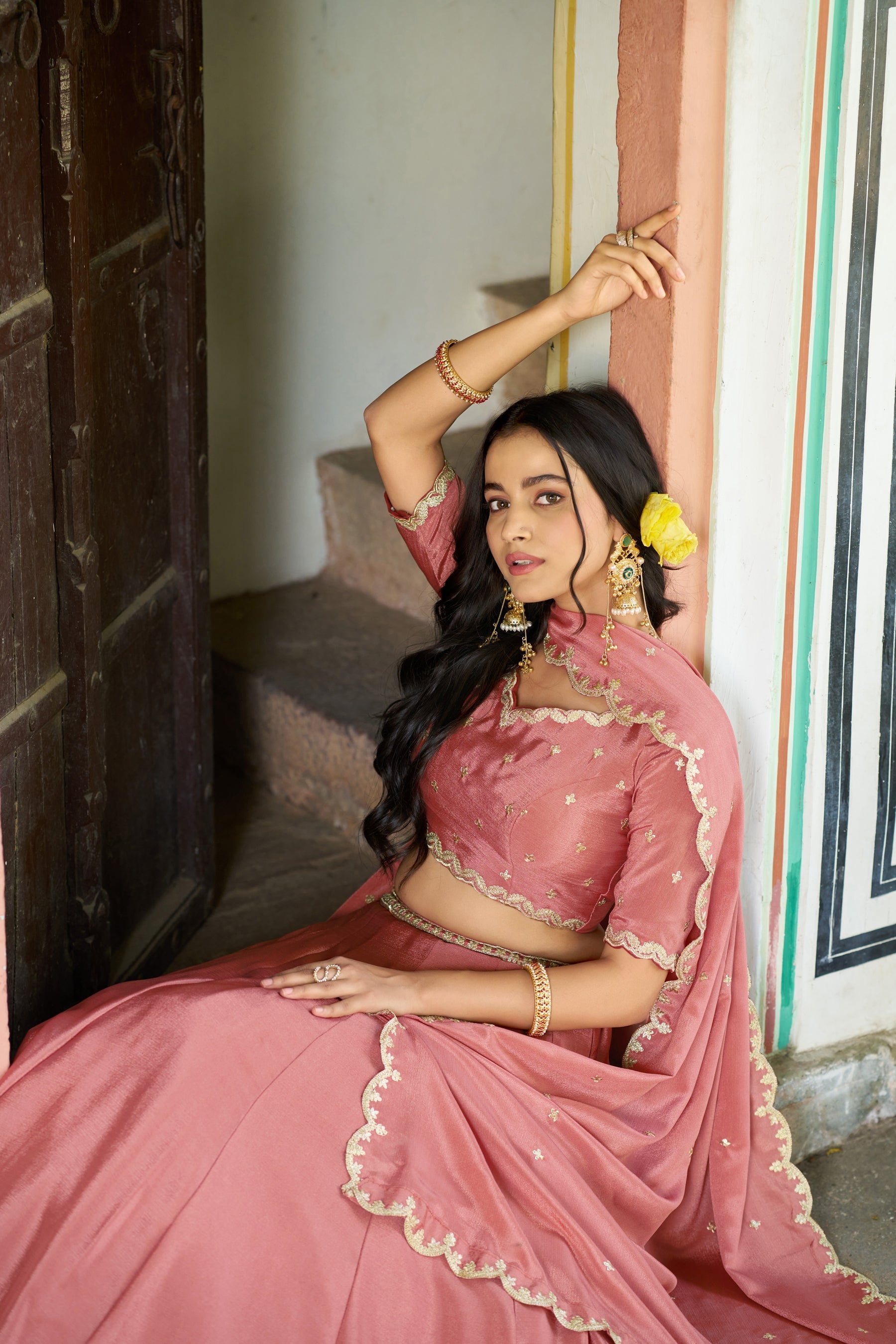 Lorenvalley Fashion Peach Chinon Plain Lehenga Sequins And Thread Embroidery Work Choli With Dupatta | Grocsy