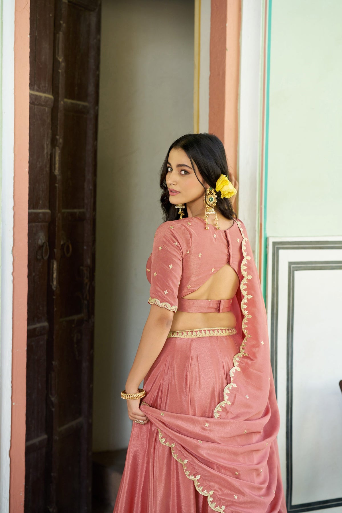 Lorenvalley Fashion Peach Chinon Plain Lehenga Sequins And Thread Embroidery Work Choli With Dupatta | Grocsy