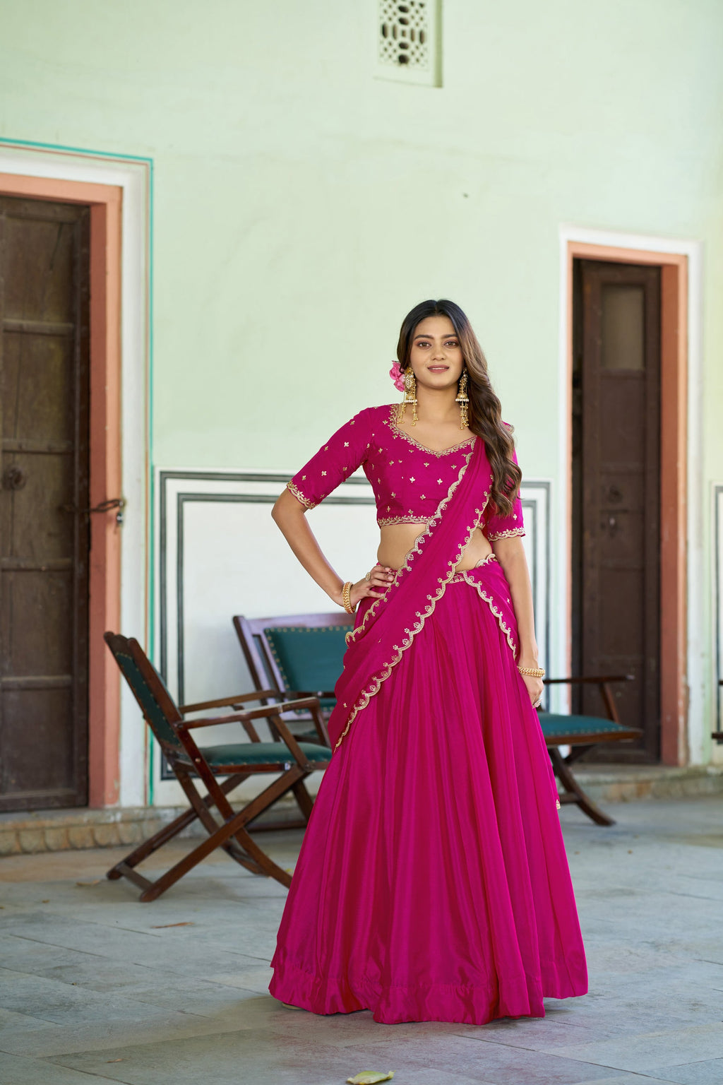 Lorenvalley Fashion Ranipink Chinon Plain Lehenga Sequins And Thread Embroidery Work Choli With Dupatta | Grocsy