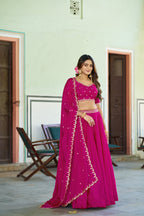 Lorenvalley Fashion Ranipink Chinon Plain Lehenga Sequins And Thread Embroidery Work Choli With Dupatta | Grocsy