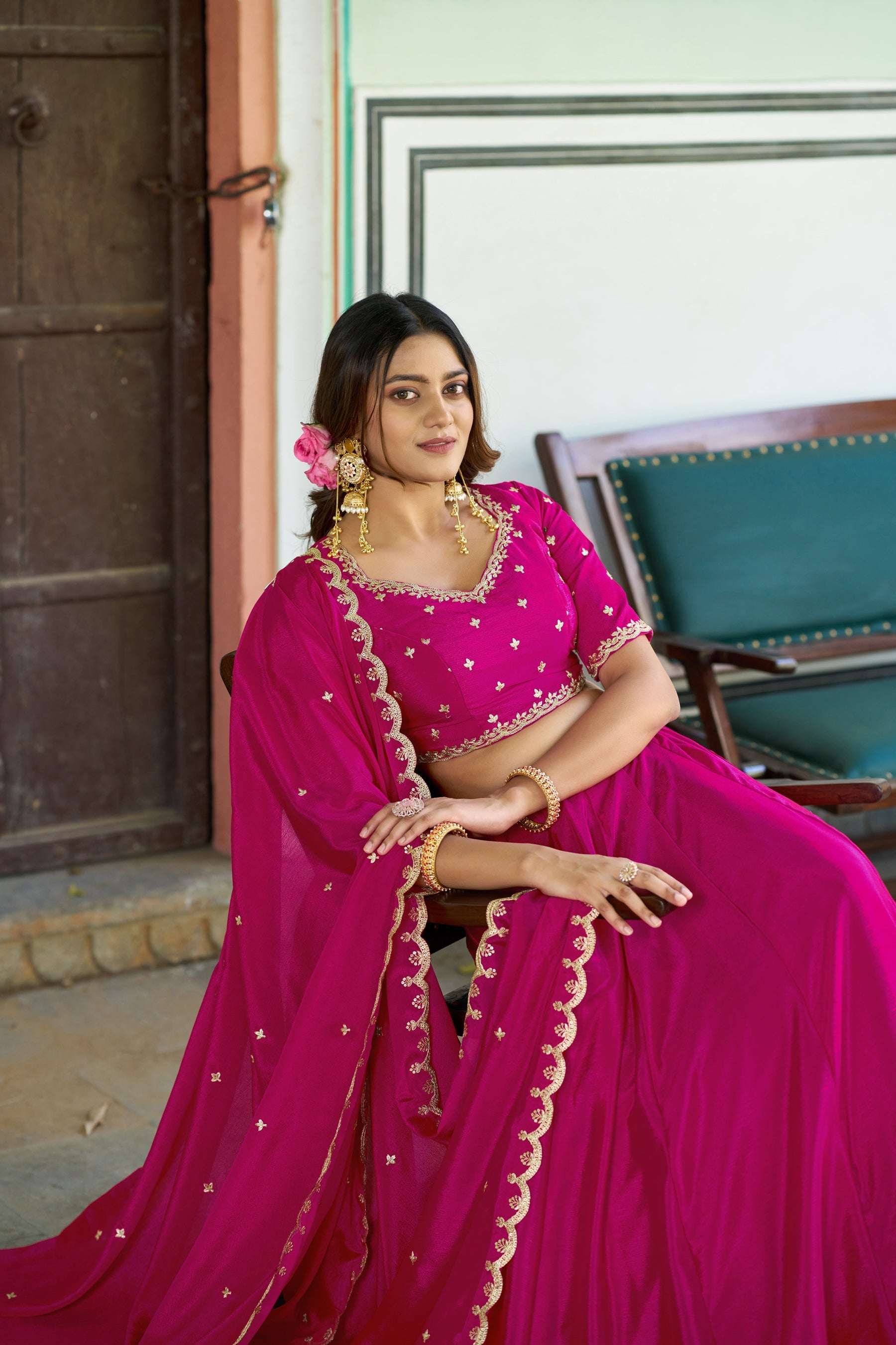 Lorenvalley Fashion Ranipink Chinon Plain Lehenga Sequins And Thread Embroidery Work Choli With Dupatta | Grocsy