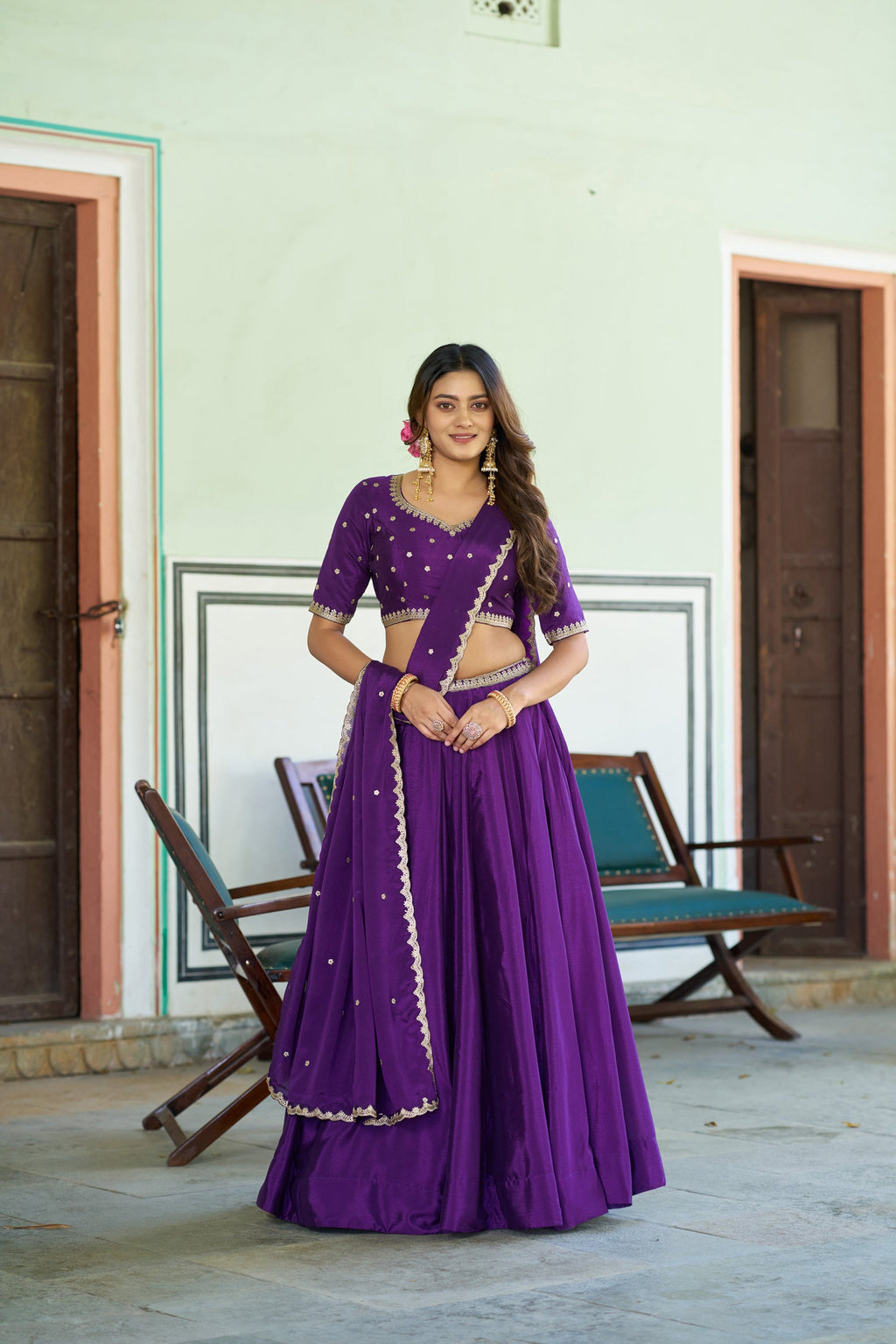 Lorenvalley Fashion Purple Chinon Plain Lehenga Sequins And Thread Embroidery Work Choli With Dupatta | Grocsy