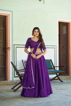Lorenvalley Fashion Purple Chinon Plain Lehenga Sequins And Thread Embroidery Work Choli With Dupatta | Grocsy