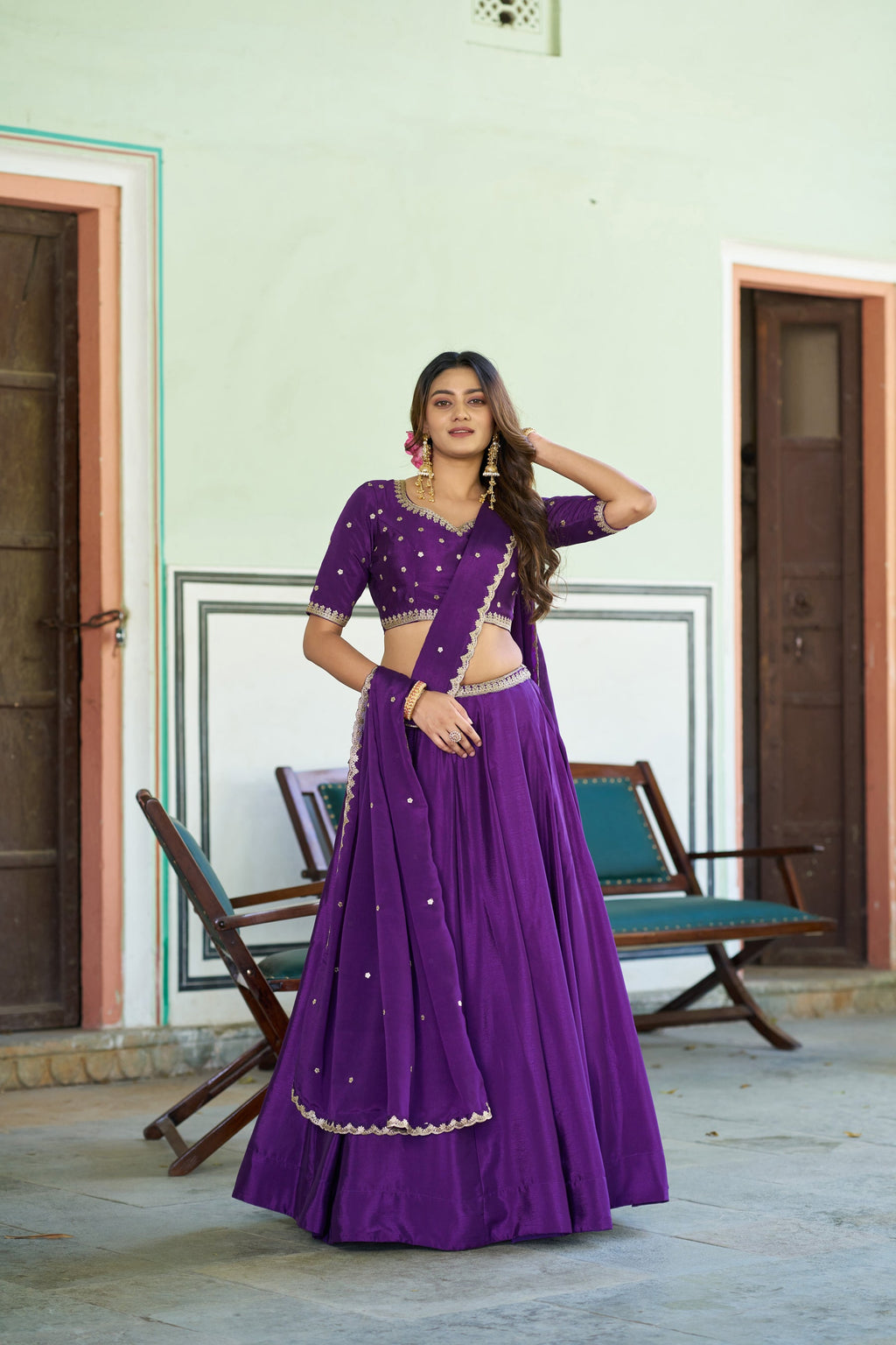Lorenvalley Fashion Purple Chinon Plain Lehenga Sequins And Thread Embroidery Work Choli With Dupatta | Grocsy