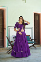 Lorenvalley Fashion Purple Chinon Plain Lehenga Sequins And Thread Embroidery Work Choli With Dupatta | Grocsy