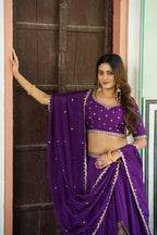 Lorenvalley Fashion Purple Chinon Plain Lehenga Sequins And Thread Embroidery Work Choli With Dupatta | Grocsy