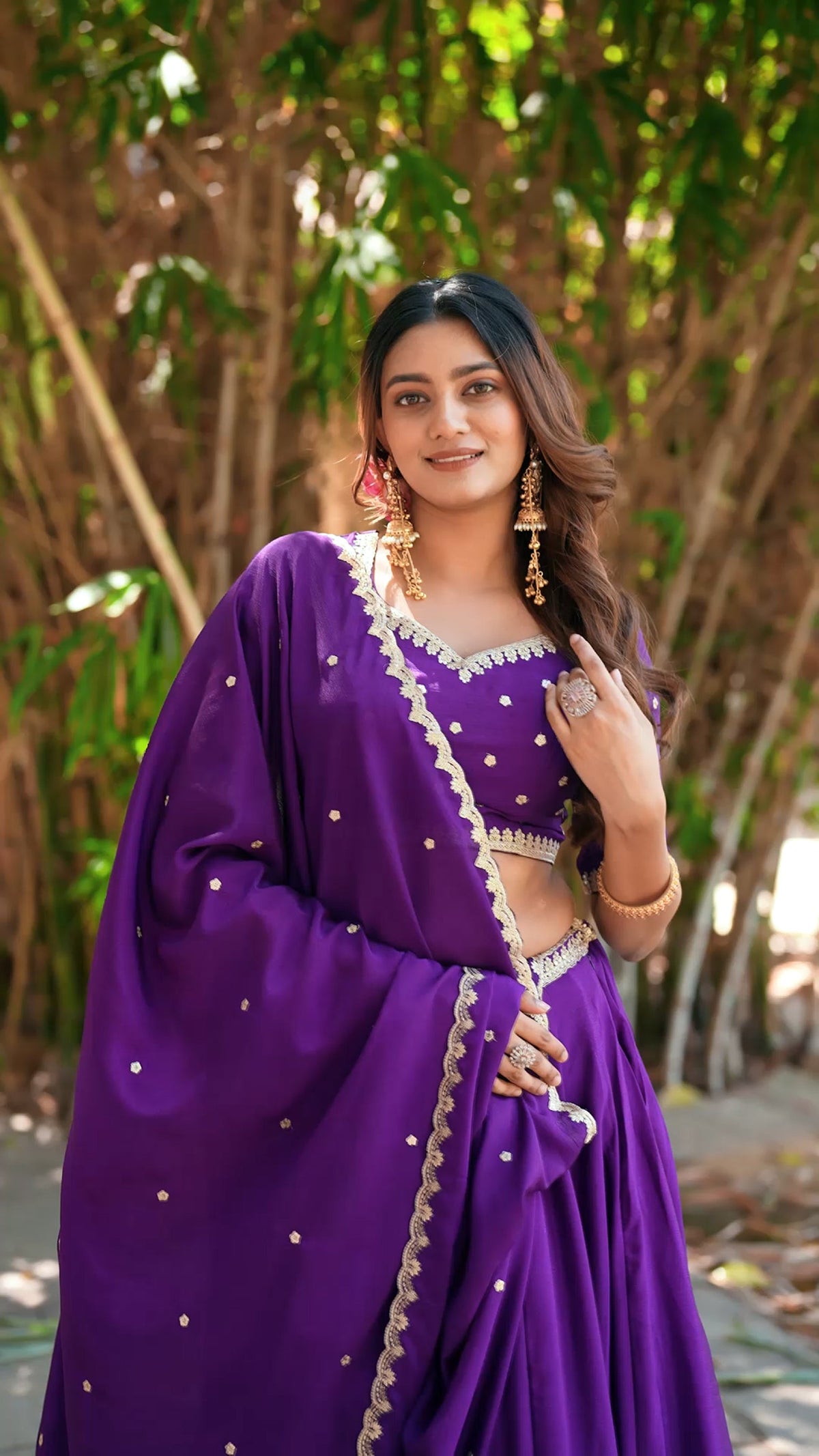 Lorenvalley Fashion Purple Chinon Plain Lehenga Sequins And Thread Embroidery Work Choli With Dupatta | Grocsy
