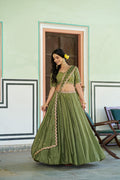 Lorenvalley Fashion Pista Chinon Plain Lehenga Sequins And Thread Embroidery Work Choli With Dupatta | Grocsy
